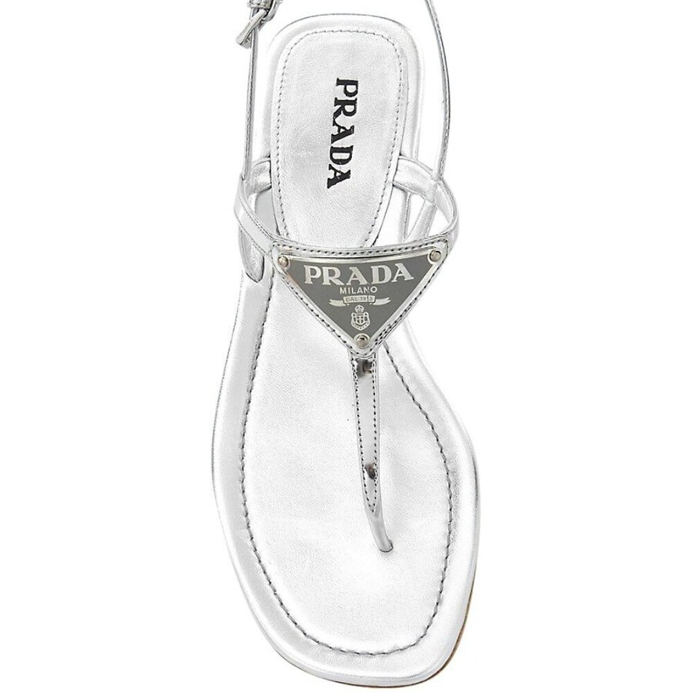 NEW PRADA Logo Metallic Leather Ankle-Strap Thong Sandals - Argento Size 36